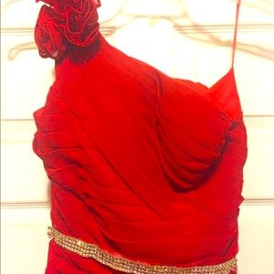 Red one shoulder pleated dress with crystal stoned belt sz 2/3 tie waist $65